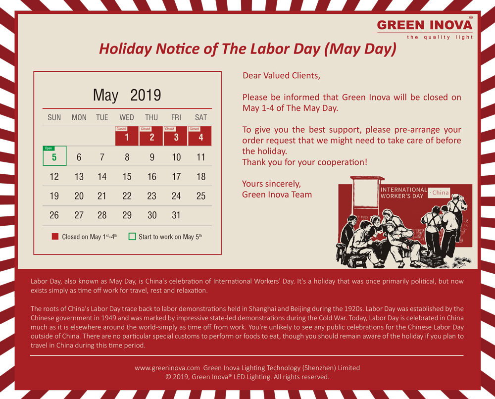 Green Inova 2019 May Day Holiday Notice